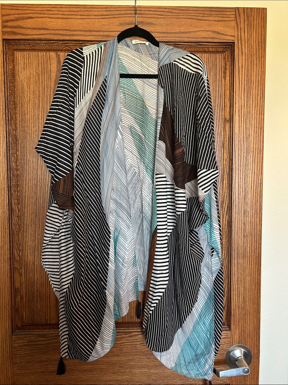 Striped Abstract Kimono Cardigan in Black, White & Teal